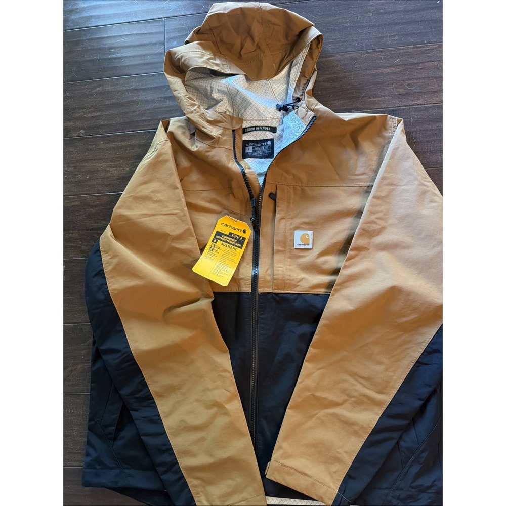 NWT Carhartt Storm Defender Relaxed Fit Lightweight Jacket Tan Black Mens L (D)